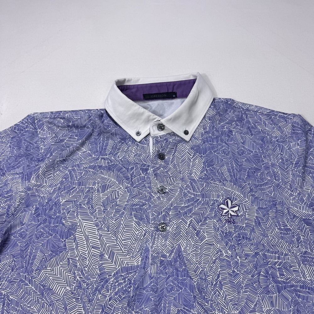 Greyson Mens Medium Waynesborough Logo Golf Polo Shirt Purple White Geometric